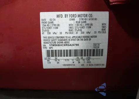 2024 Ford Explorer Platinum из США, поврежденный, VIN 1FM5K8HCXRGA24786